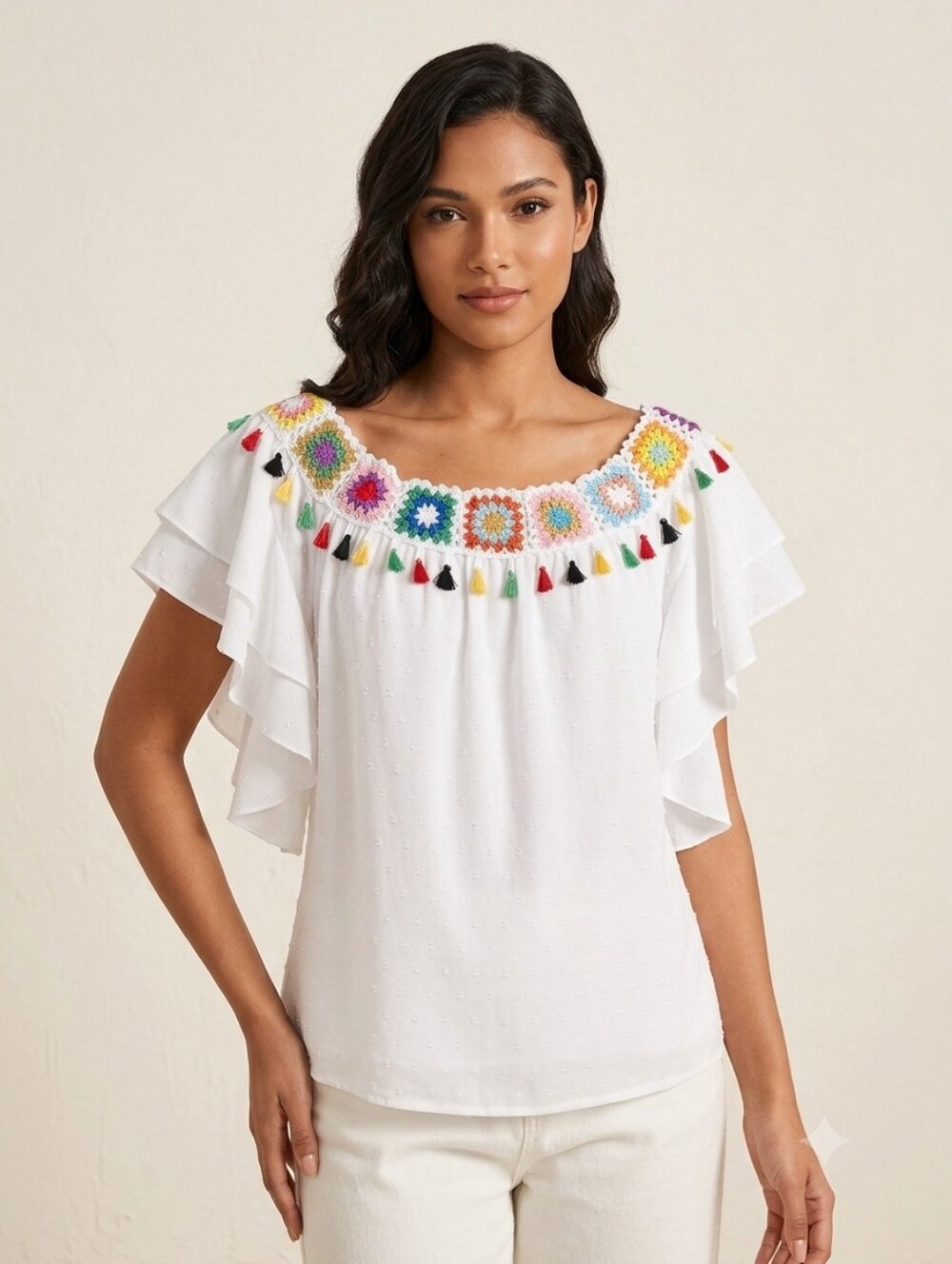 White Crochet-Trim Flutter Sleeve Top